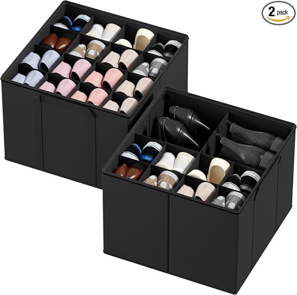 SpaceAid Shoe Organizer for Closet, 2 Pack Foldable Shoe Storage Containers Baskets Boxes Bins w/Adjustable Dividers, Fits 16-32 Pairs, Black