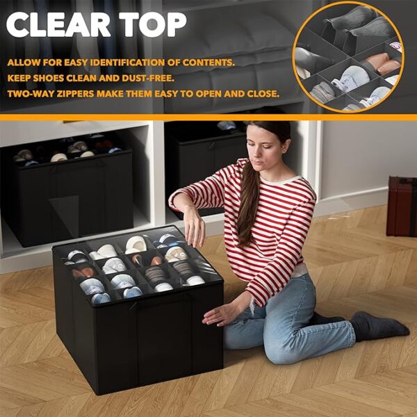 SpaceAid Shoe Organizer for Closet, 2 Pack Foldable Shoe Storage Containers Baskets Boxes Bins w/Adjustable Dividers, Fits 16-32 Pairs, Black - Image 3