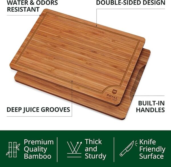 ROYAL CRAFT WOOD Wooden Cutting Boards for Kitchen Meal Prep & Serving - Bamboo Wood Serving Board Set with Deep Juice Groove Side Handles - Charcuterie & Chopping Butcher Block for Meat (3 Pcs) - Image 4