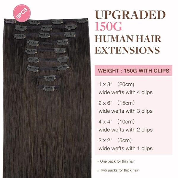 GOO GOO Clip in Hair Extensions Real Human Hair, Remy Human Hair Extensions Clip ins for Women, Natural Human Hair, 22inch 150g 9Pcs, 2 Dark Brown - Image 5