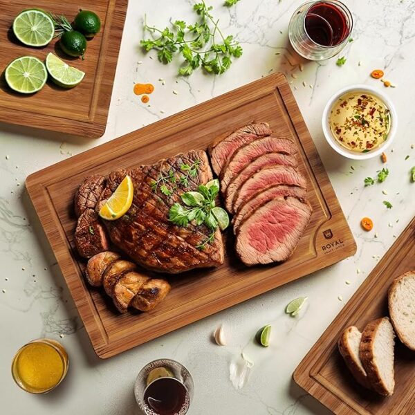 ROYAL CRAFT WOOD Wooden Cutting Boards for Kitchen Meal Prep & Serving - Bamboo Wood Serving Board Set with Deep Juice Groove Side Handles - Charcuterie & Chopping Butcher Block for Meat (3 Pcs) - Image 2