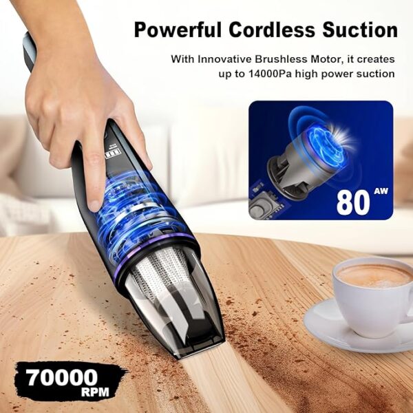 Handheld Vacuum Cordless, Car Vacuum with Brushless Motor & 14000Pa Suction, 1.2lbs Lightweight, LED Light, Slim Mini Vacuum Cleaner for Car Home Pet - Image 4
