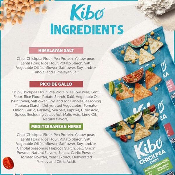 Kibo Chickpea Chips - High Protein/Fiber, Plant-Based, Cert. Gluten Free, Non-GMO, Vegan, Kosher, 3 Flavor Variety Pack, 1oz 12 pk - Image 5