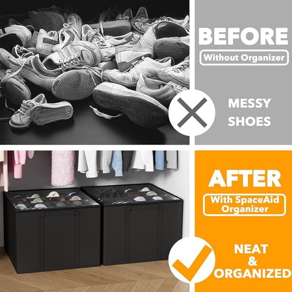 SpaceAid Shoe Organizer for Closet, 2 Pack Foldable Shoe Storage Containers Baskets Boxes Bins w/Adjustable Dividers, Fits 16-32 Pairs, Black - Image 5