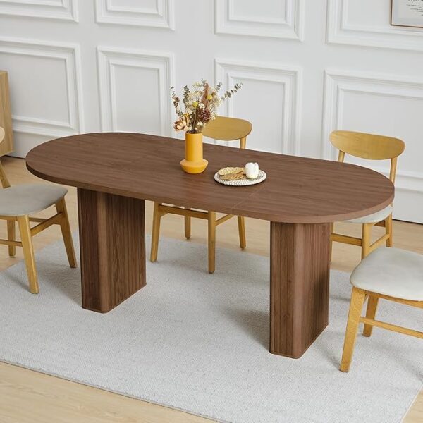 70.8 Inch Kitchen Dining Table for 4-6 People, Oval Kitchen Table with Wood Strip Base, Modern Farmhouse Large Round Dining Room Tables for Kitchen Living Room (Walnut) - Image 3