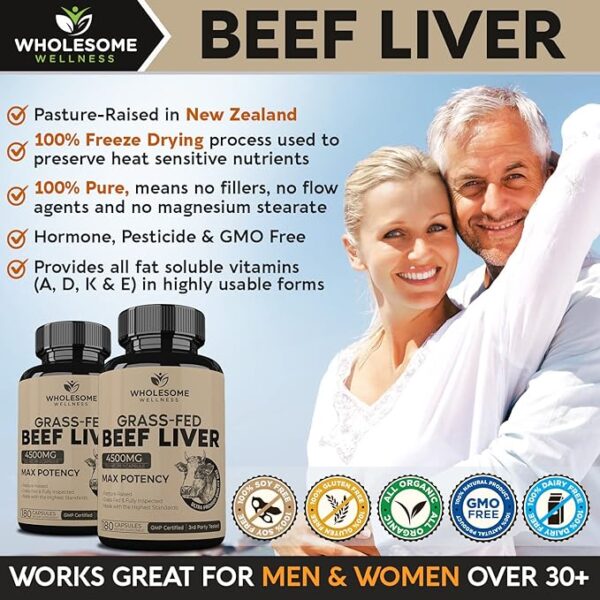 Grass Fed Desiccated Beef Liver Capsules (180 Pills, 750mg Each) - Natural Iron, Vitamin A, B12 for Energy - Humanely Pasture Raised Undefatted in New Zealand Without Hormones or Chemicals - Image 2