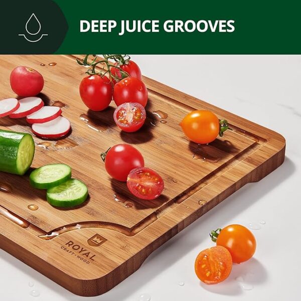 ROYAL CRAFT WOOD Wooden Cutting Boards for Kitchen Meal Prep & Serving - Bamboo Wood Serving Board Set with Deep Juice Groove Side Handles - Charcuterie & Chopping Butcher Block for Meat (3 Pcs) - Image 5