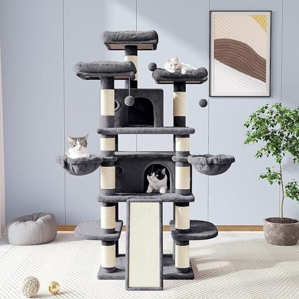 Allewie 68 Inches Cat Tree House with Condo, Scratching Post, and Multi-Level Towers for Cats - Smokey Grey - Image 2