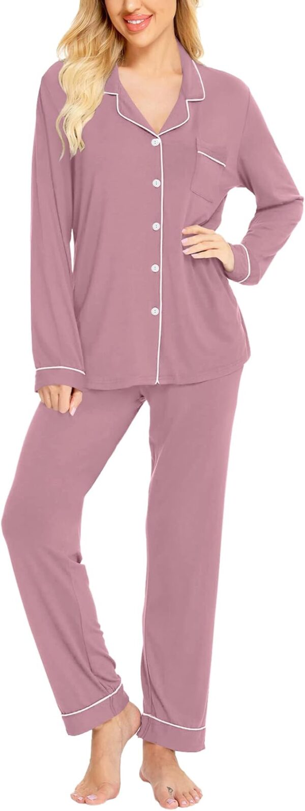 SWOMOG Womens Pajamas Set Long Sleeve Sleepwear Button Down Nightwear Soft Cotton Pj Lounge Sets