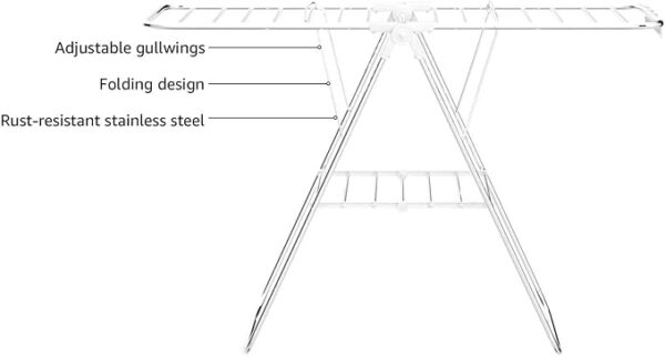 SONGMICS Clothes Drying Rack, with Sock Clips, Metal Laundry Rack, Foldable, Space-Saving, Free-Standing Airer, with Height-Adjustable Gullwings, Indoor Outdoor Use, Silver and White ULLR052W01 - Image 2