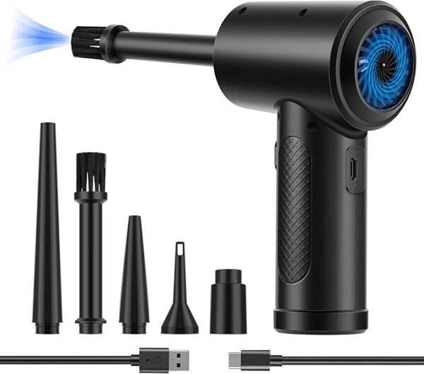 Compressed Air Duster,Fulljion 3-Gear to 51000RPM Electric Air Duster Portable Air Blower with LED Light, 6000mAhRechargeable Cordless Air Duster for Computer Keyboard Fast Charge(Black)