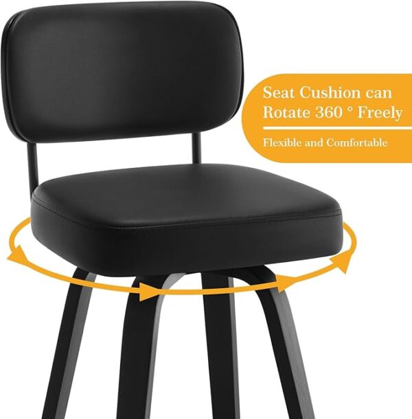 Swivel Bar Height Stools Set of 3, Upholstered Faux Leather Barstools with Back, 29" Seat Height Tall Bar Stools for Kitchen Counter, Black Wood Frame, Black - Image 2