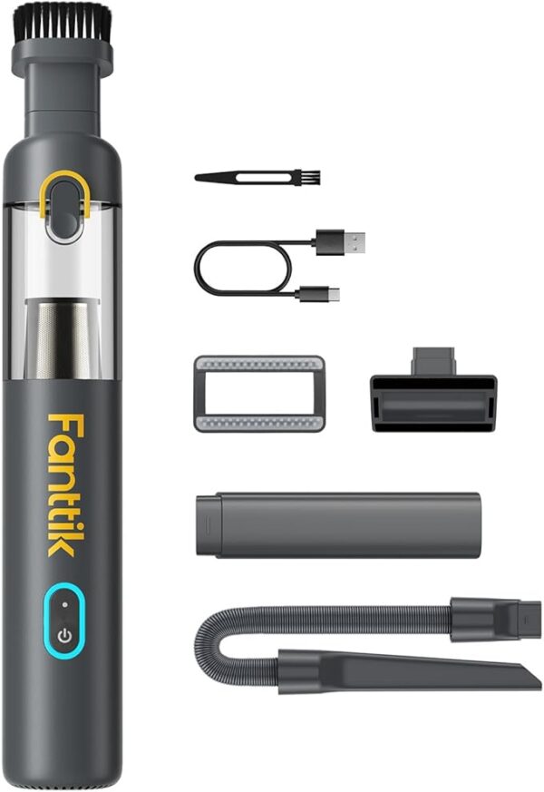 Fanttik Slim V8 Mate Cordless Car Vacuum Suction Power 12000Pa, Portable Mini Vacuum with Flexible Hose and Pet Brush, Type-C Charge, Portable Vacuum for Car, Office Desk, Keyboards, Gray