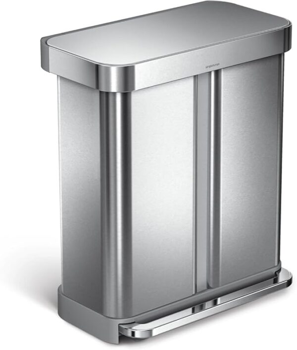 simplehuman 58 Liter / 15.3 Gallon Rectangular Hands-Free Dual Compartment Recycling Kitchen Step Trash Can with Soft-Close Lid, Brushed Stainless Steel
