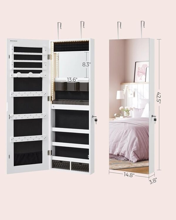 SONGMICS Mirror Jewelry Cabinet Armoire Organizer, Wall or Door Mount Storage Cabinet with Full-Length Frameless Lighted Mirror, Built-in Makeup Mirror, 2 Drawers, Lockable, White UJJC013W01 - Image 6
