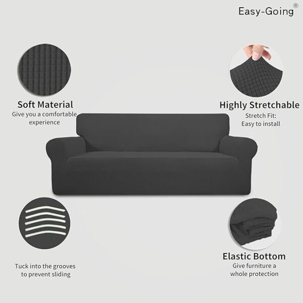 Easy-Going Stretch Sofa Slipcover 1-Piece Sofa Cover Furniture Protector Couch Soft with Elastic Bottom for Kids, Polyester Spandex Jacquard Fabric Small Checks (Sofa, Dark Gray) - Image 4