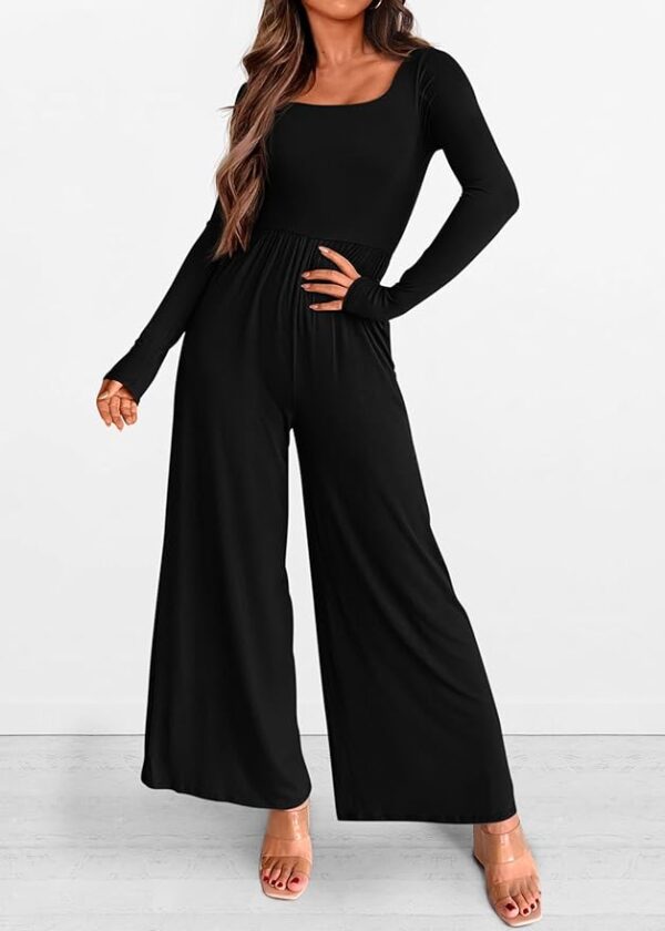 KIRUNDO Women's 2025 Spring Fall Long Sleeve Wide Leg Jumpsuits Casual Dressy One Piece Square Neck Long Romper Pockets - Image 2