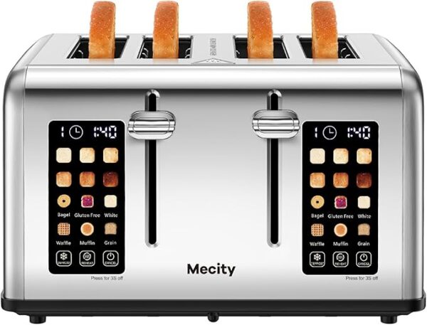 Mecity 4 Slice Toaster Touch Screen Control 4 Wide Slot, Stainless Steel Smart Bread Toaster for Bagel Muffin Waffle, Dual Control Pannel, Timer, Defrost, Reheat, 120V 1650W