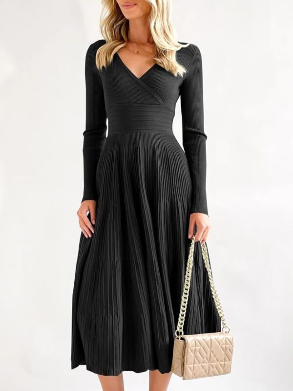 Saodimallsu Womens Long Sleeve Midi Sweater Dress Wrap V Neck Pleated A Line Fit Flare Elegant Knit Maxi Dress - Image 5