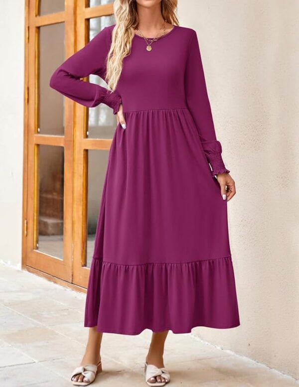 ZESICA Women's Spring Long Sleeve Dress Crewneck Casual Loose Pleated Tiered Swing Midi Dresses with Pockets - Image 6