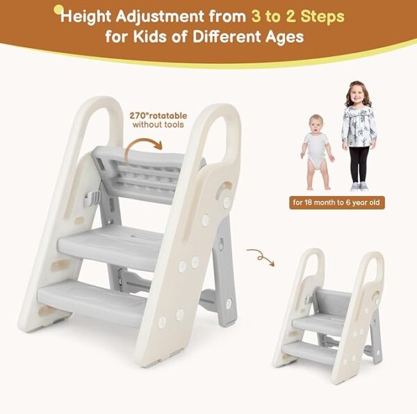 Onasti Foldable Step Stool for Bathroom Sink, Adjustable 3 Step Stool for Kids Toilet Potty Training Stool with Handles, Child Kitchen Counter Stool Helper, Plastic Ladder for Toddlers Grey - Image 5
