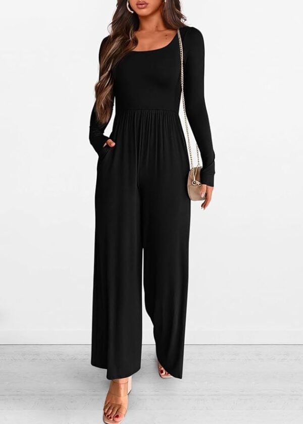 KIRUNDO Women's 2025 Spring Fall Long Sleeve Wide Leg Jumpsuits Casual Dressy One Piece Square Neck Long Romper Pockets - Image 3