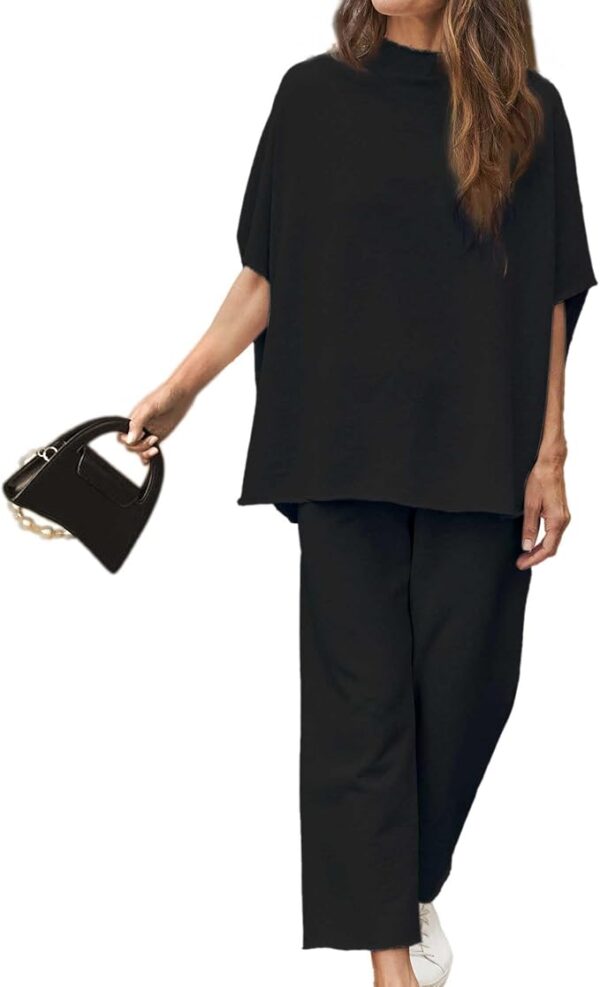 Women's Two Piece Outfits 3/4 Batwing Sleeve Capelet Crew Neck Pullover Top Wide Leg Pants Lounge Set