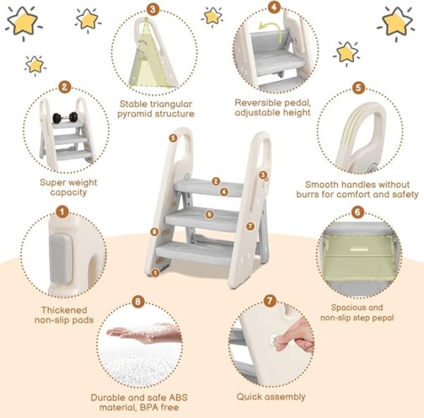 Onasti Foldable Step Stool for Bathroom Sink, Adjustable 3 Step Stool for Kids Toilet Potty Training Stool with Handles, Child Kitchen Counter Stool Helper, Plastic Ladder for Toddlers Grey - Image 4
