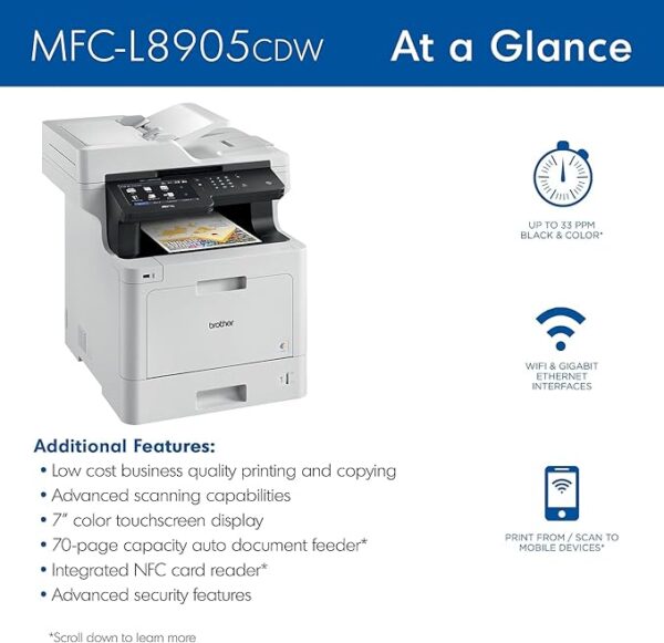 Brother MFC‐L8905CDW Business Color Laser All‐in‐One Printer, 7” Touchscreen Display, Duplex Print/Scan, Wireless, White - Image 5