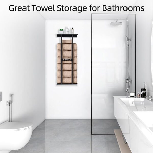 Bathroom Towel Storage Rack, Towel Racks for Bathroom Wall Mounted 30 inch with Shelf Can Holds 6 Large Towels, Wall Towel Rack for Rolled Towels, Black - Image 4