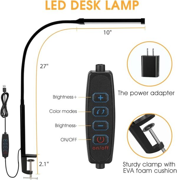 LED Desk lamp with Clamp, Eye-Caring Clip on Lights for Home Office, 3 Modes 10 Brightness, Long Flexible Gooseneck,Metal, Swing Arm Architect Task Table Lamps with USB Adapter, Black - Image 6