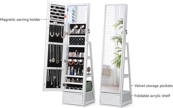 Nicetree 360° Swivel Jewelry Cabinet with Lights, Touch Screen Vanity Mirror, Rotatable Full Length Mirror with Jewelry Storage, Standing Jewelry Armoire Organizer, Foldable Makeup Shelf, White - Image 6