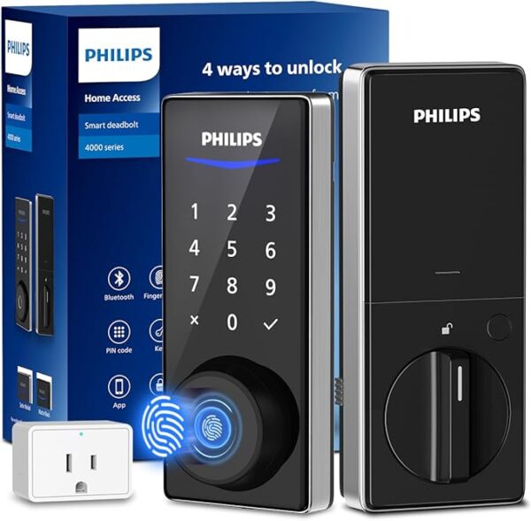 Philips Wi-Fi Smart Door Lock, Keyless Entry Door Lock with App Control,Fingerprint ID,Auto Lock,Keypad Deadbolt with Wi-Fi Bridge Adaptor,Smart Locks for Front Door-Satin Nickel