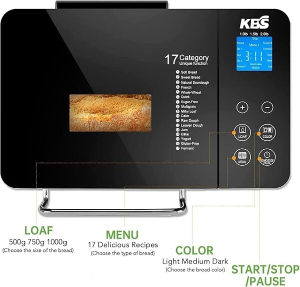 KBS Pro Stainless Steel Bread Machine, 2LB 17-in-1 Programmable XL Bread Maker with Fruit Nut Dispenser, Nonstick Ceramic Pan& Digital Touch Panel, 3 Loaf Sizes 3 Crust Colors, Reserve& Keep Warm Set - Image 6
