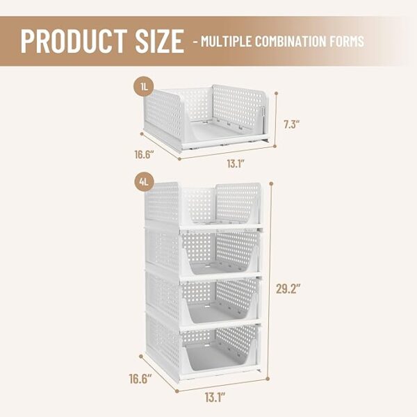 Pinkpum Stackable Plastic Storage Basket, Foldable Closet Organizers and Storage Bins 4 Pack Drawer Shelf Storage Container for Wardrobe Kitchen Bathroom Office Dorm White - Image 5