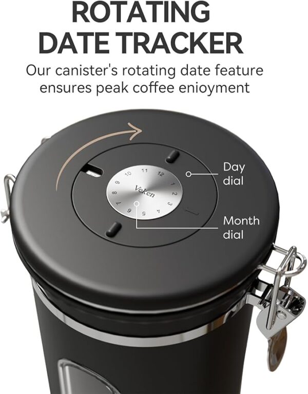 Veken Coffee Canister with Window, Airtight Stainless Steel Kitchen Food Storage Container, Date Tracker and Scoop for Grounds Coffee Bar Accessories, Beans, Tea, Flour, Cereal, Sugar, 22OZ, Black - Image 6