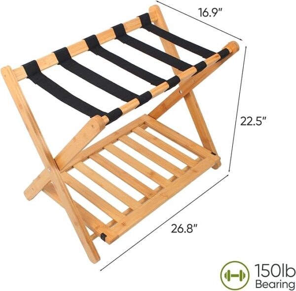 Fully Assembled Luggage Racks Pack of 2, Folding Suitcase Stand with Storage Shelf, Bamboo Luggage Stand with 5 Nylon Straps for Guest Room, Bedroom, Heavy Duty, Natural - Image 6