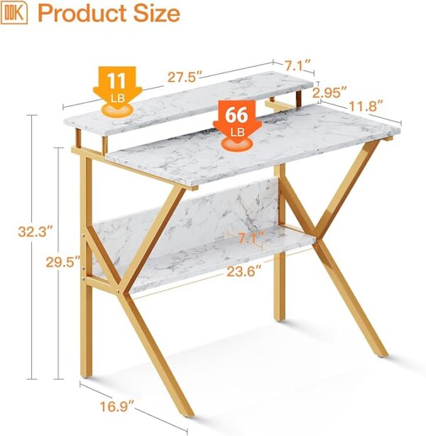 ODK Small Desk, 27.5 Inch Small Computer Desk for Small Spaces, Compact Desk with Storage, Tiny Desk Study Desk with Monitor Stand for Home Office, White Marble + Gold Leg - Image 2