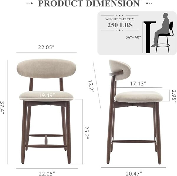 COLAMY Bar Stools Set of 2, Counter Height Bar Stools, Upholstered Counter Stools with Wood Legs for Kitchen Island Dining Room Bar, Beige - Image 2