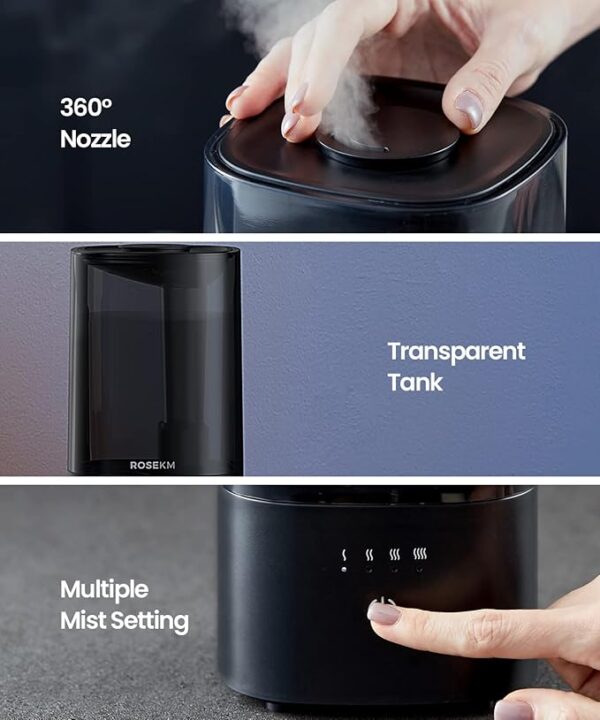 Humidifiers for Bedroom, Cool Mist Humidifier for Home Plant and Baby Nursery, Quiet Ultrasonic Humidifier with 360° Nozzle, Auto Shut-Off, Filterless, Black - Image 2