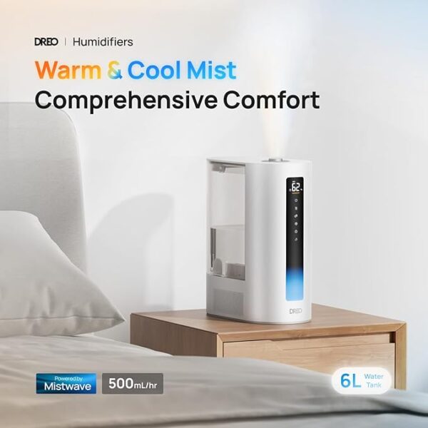 Dreo 6L Humidifier Large Room, Warm & Cool Mist Humidifiers for Bedroom, 60H Runtime, 12H Timer, Top Fill, Oil Diffuser, Humidity Indicator Light, Baby, Plants, Easy Clean, HM713 - Image 3