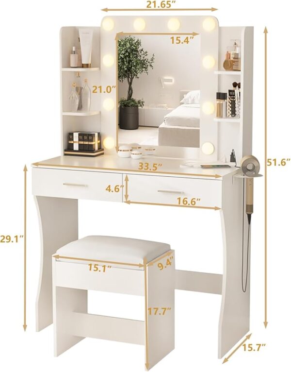 Vanity Desk with Lights,Makeup Vanity with Power Strip,Dressing Table Set with 2 Large Drawers,Vanity Mirror 3 Lighting Color Adjustable,White - Image 2