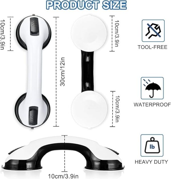 Grab Bars for Bathtubs and Showers, 2 Pack Shower Handle 12 Inch Strong Suction Shower Bar, Safety Bars for Shower Chair, Bathroom Grab Bar for Senior -Black White - Image 6