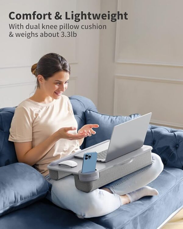 SAIJI Laptop Lap Desk for Bed—Fits Up to 17" Laptop & MacBook,Lightweight Tray Table with Soft Leather Wrist Pad,Sturdy Phone/Tablet Holder,Laptop Stand with Cushion for Home Office/Gaming On Couch - Image 4