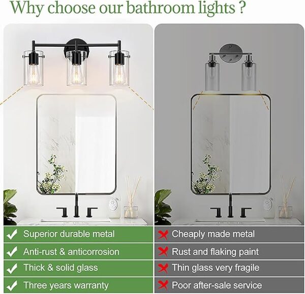 Bathroom Light Fixtures 2023 Upgrade, 3-Light Matte Black Bathroom Vanity Light, Black Bathroom Lights Over Mirror with Clear Glass Shade, Bathroom Wall Sconces for Mirror Bedroom Living Room Hallway - Image 5