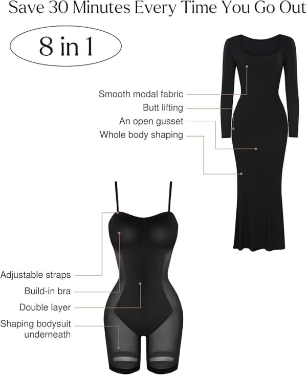Popilush Long Sleeve Maxi Dress Bodycon Cocktail Dress Shapewear Tummy Control Fall Formal Dresses Built-in Bra - Image 4