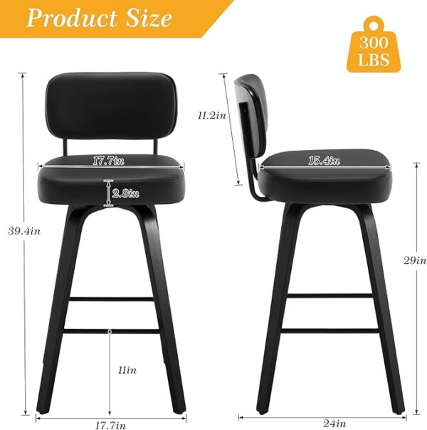Swivel Bar Height Stools Set of 3, Upholstered Faux Leather Barstools with Back, 29" Seat Height Tall Bar Stools for Kitchen Counter, Black Wood Frame, Black - Image 6
