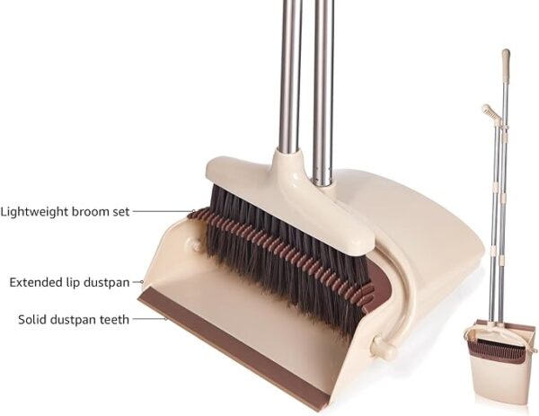 Broom and Dustpan Set with Long Handle, Light Weight Stainless Steel Poles Stand Upright Dustpans with Broom Combo for Home Kitchen Office Pet Dog Hair, Brown & Beige Color, 1-Pack - Image 2