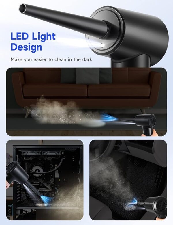 Compressed Air Duster,Fulljion 3-Gear to 51000RPM Electric Air Duster Portable Air Blower with LED Light, 6000mAhRechargeable Cordless Air Duster for Computer Keyboard Fast Charge(Black) - Image 6