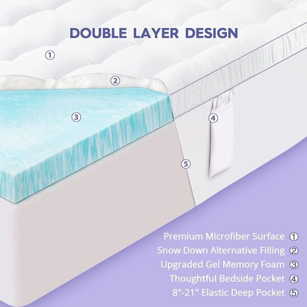 ABENE 3 Inch Dual Layer Memory Foam Mattress Topper King, 2 Inch Memory Foam Plus 1 Inch Down Alternative Pillowtop Mattress Pad, with Bedside Pocket, Support for Back Pain (King, White) - Image 5